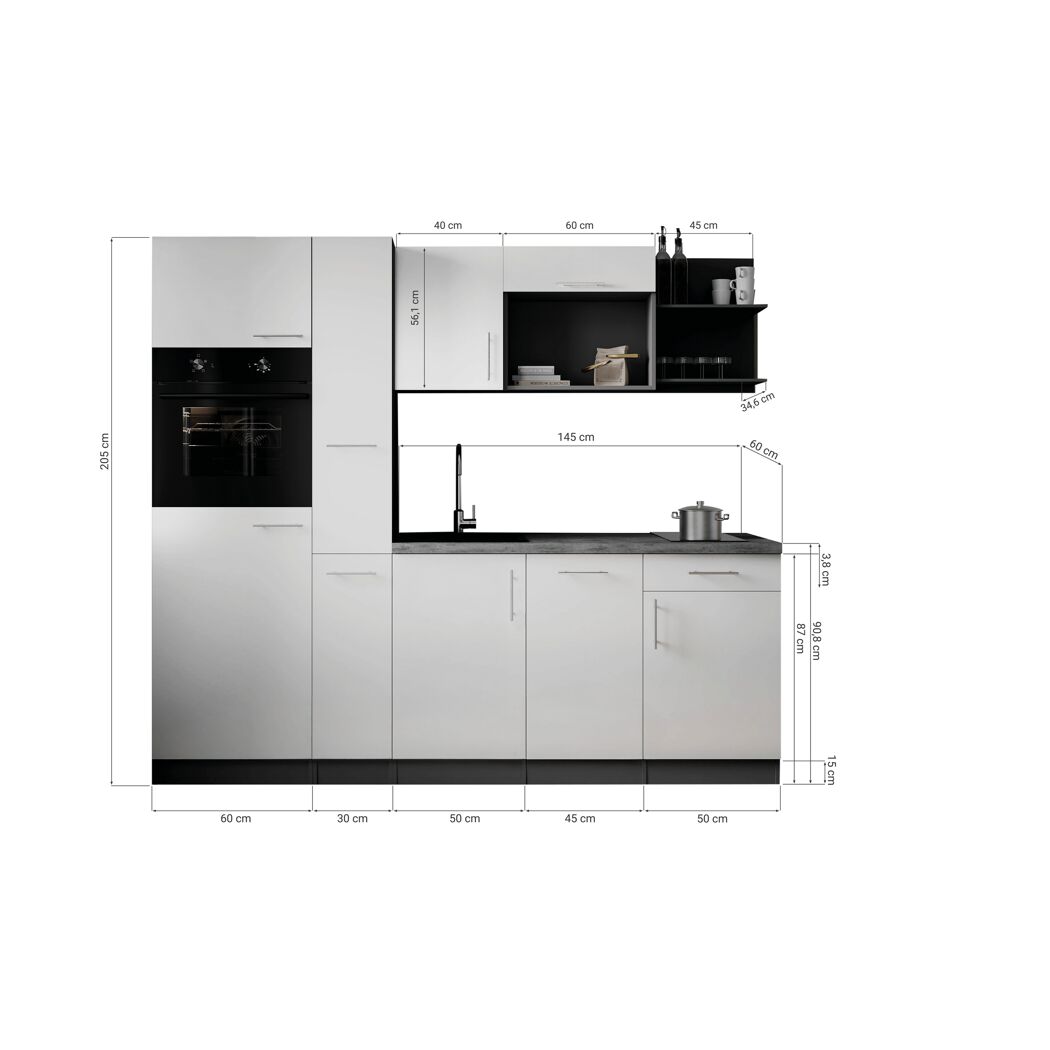 Küchenzeile 'Oliver' mit E-Geräten schwarz/grau 235 cm