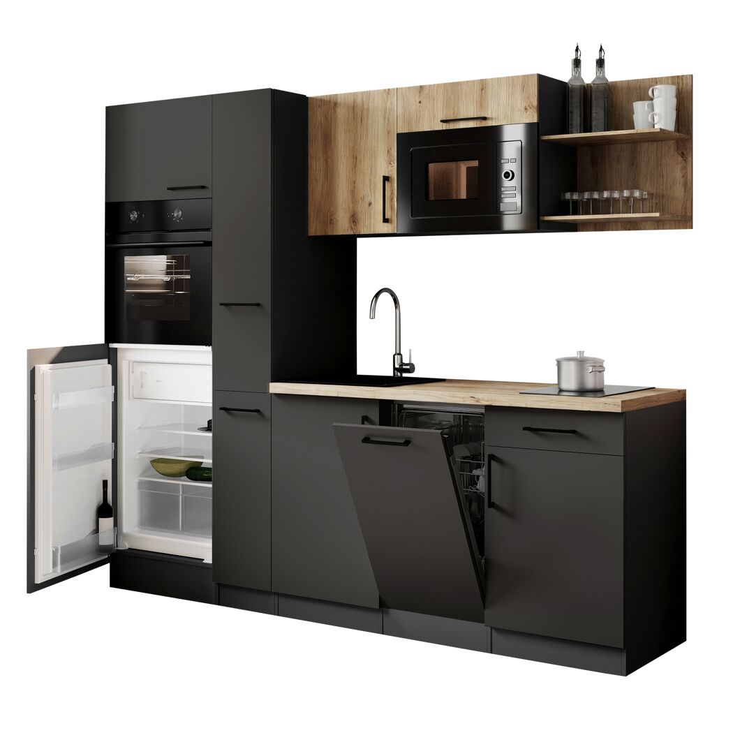 Küchenzeile 'Oliver' mit E-Geräten eichefarben/grau 235 cm