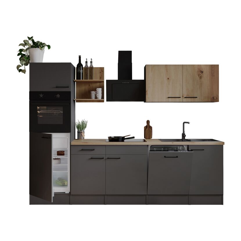 Küchenzeile 'Oliver' mit E-Geräten eichefarben/grau 280 cm