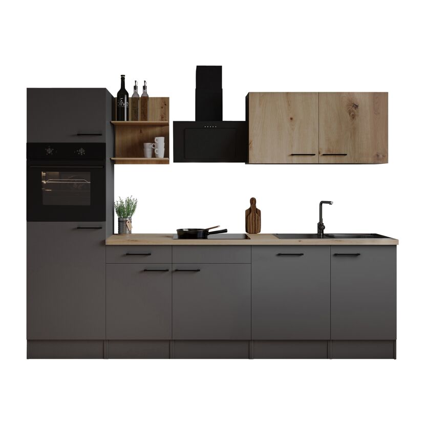 Küchenzeile 'Oliver' mit E-Geräten eichefarben/grau 280 cm