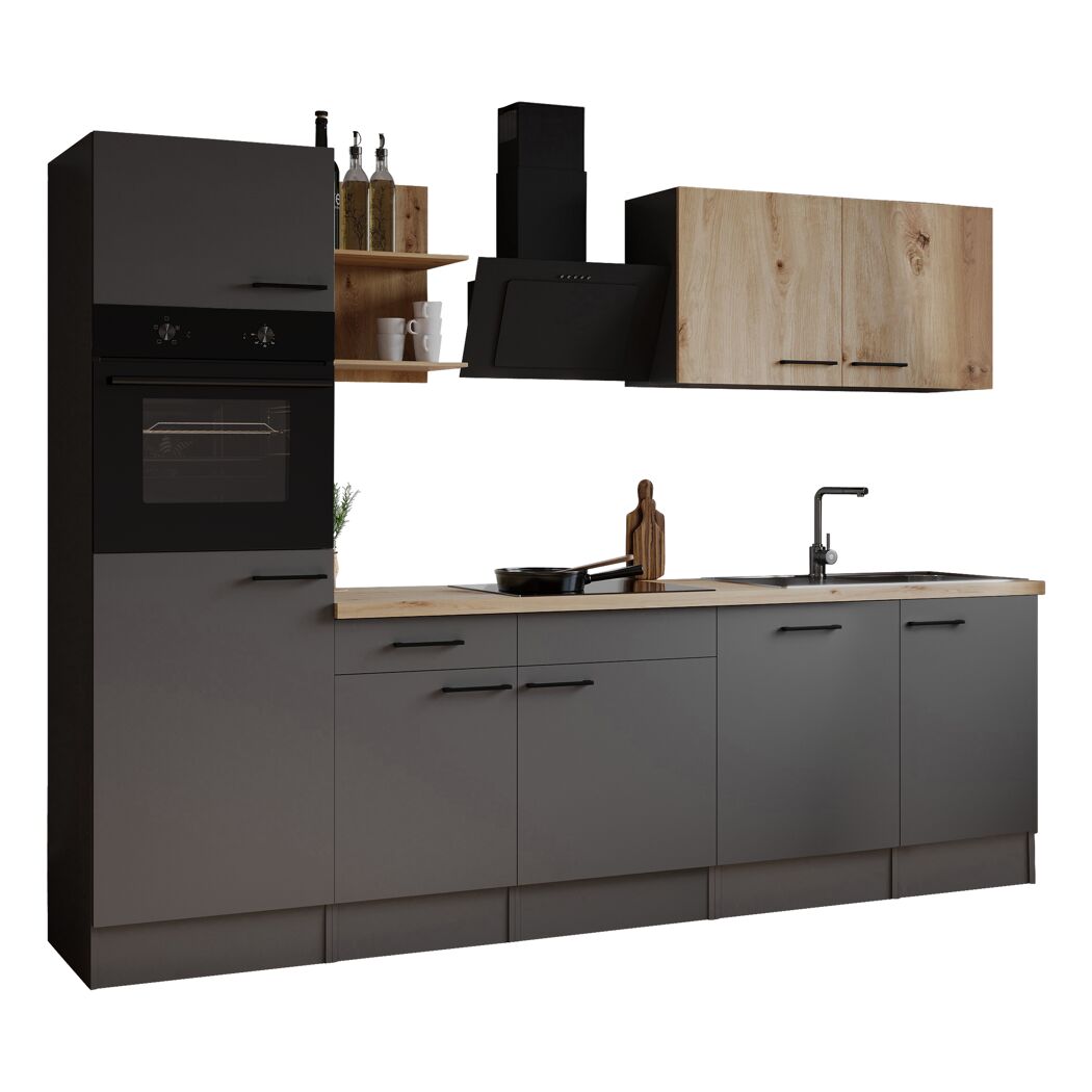 Küchenzeile 'Oliver' mit E-Geräten eichefarben/grau 280 cm