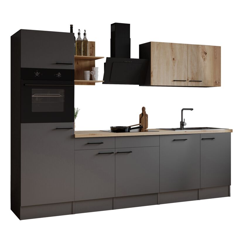 Küchenzeile 'Oliver' mit E-Geräten eichefarben/grau 280 cm