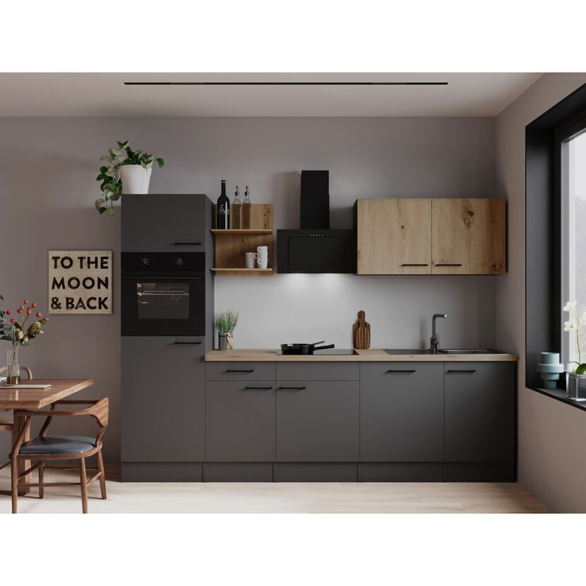 Küchenzeile 'Oliver' mit E-Geräten eichefarben/grau 280 cm