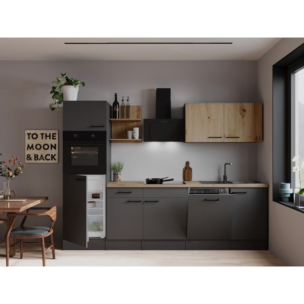Küchenzeile 'Oliver' mit E-Geräten eichefarben/grau 280 cm