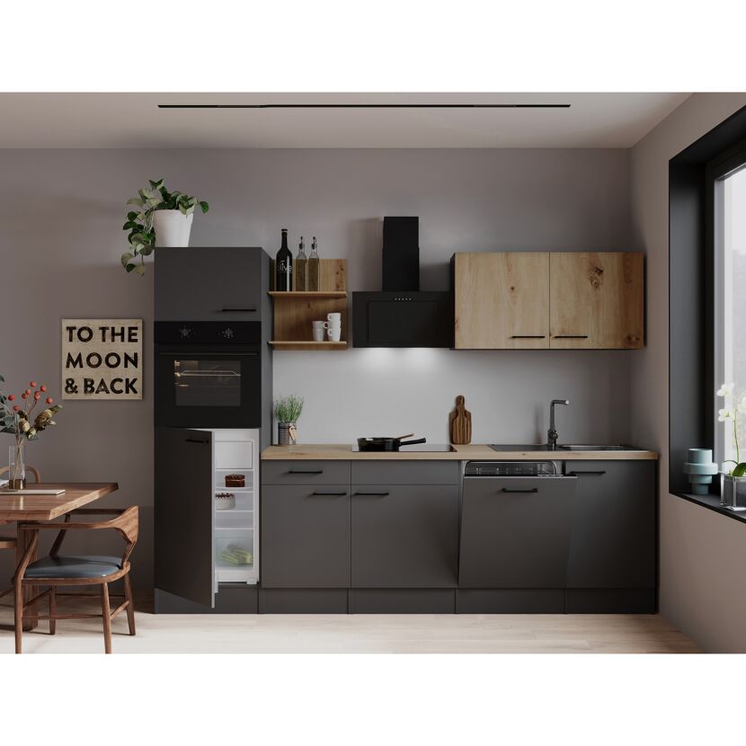 Küchenzeile 'Oliver' mit E-Geräten eichefarben/grau 280 cm