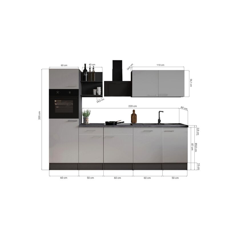 Küchenzeile 'Oliver' mit E-Geräten eichefarben/grau 280 cm