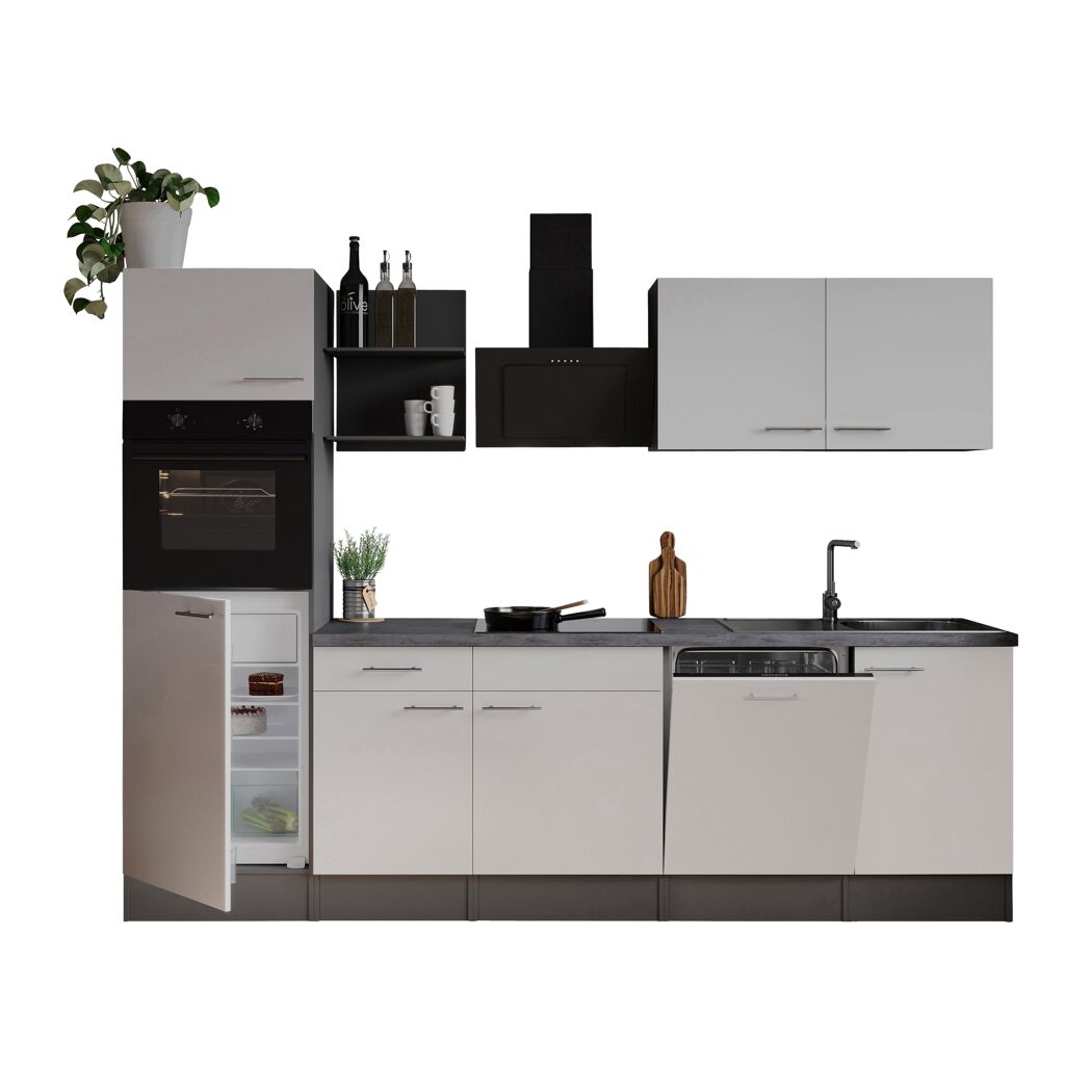 Küchenzeile 'Oliver' mit E-Geräten weiß/grau 280 cm