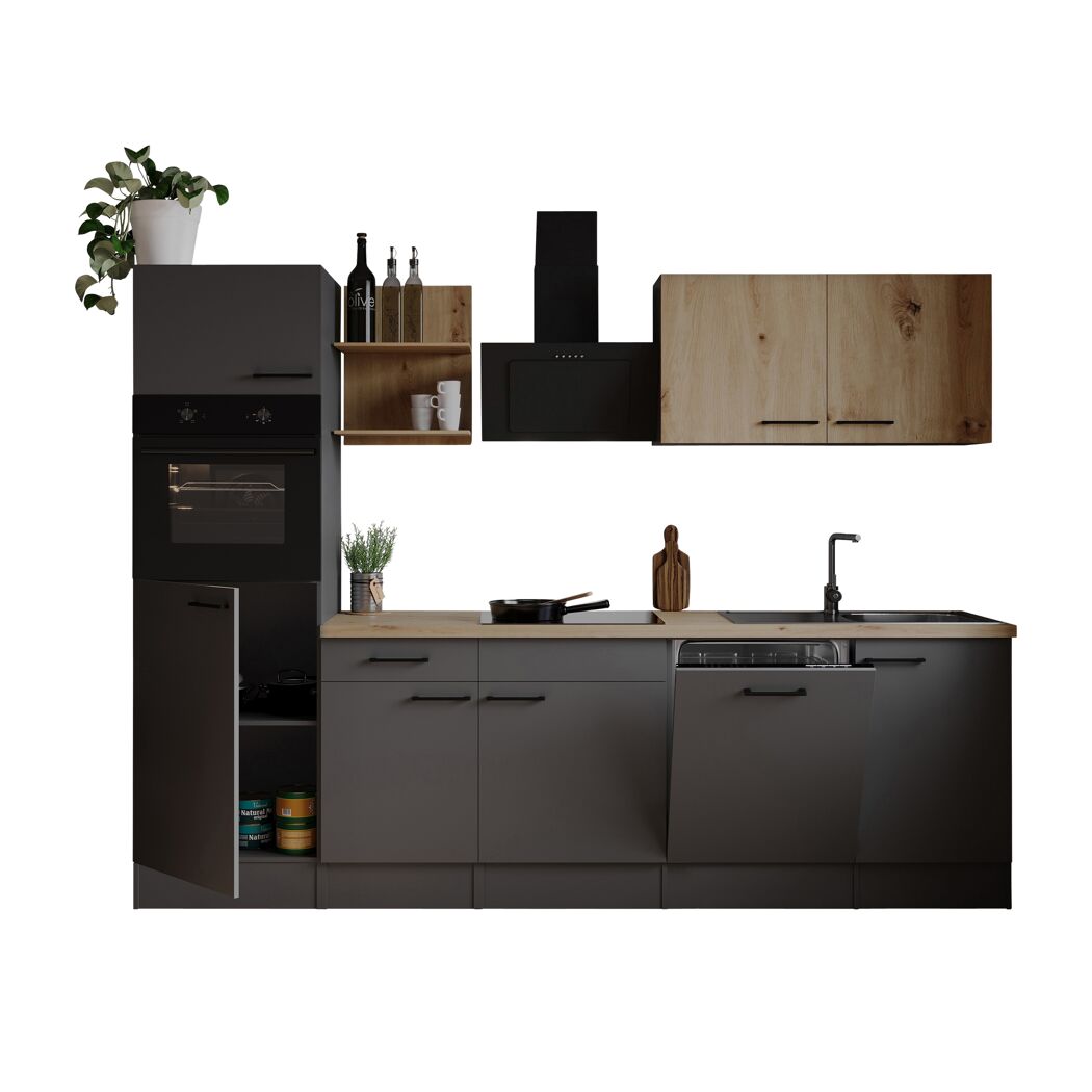 Küchenzeile 'Oliver' mit E-Geräten eichefarben/grau 280 cm