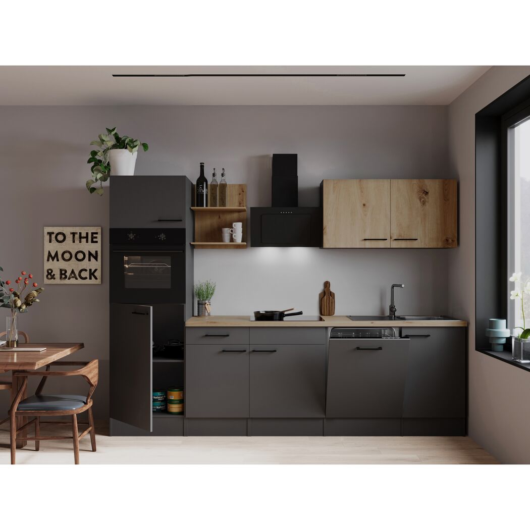 Küchenzeile 'Oliver' mit E-Geräten eichefarben/grau 280 cm