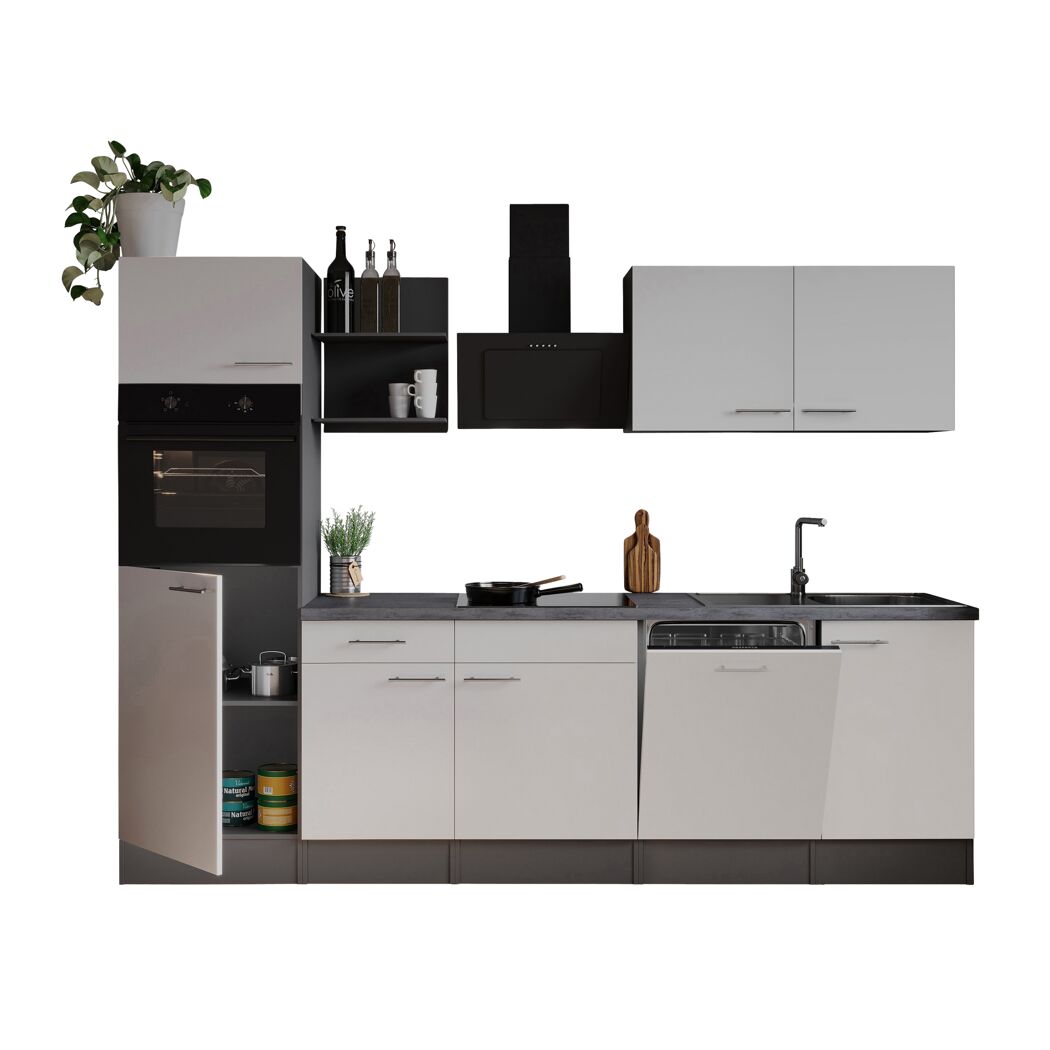 Küchenzeile 'Oliver' mit E-Geräten weiß/grau 280 cm