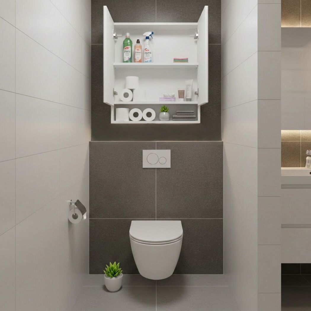 Weißer Spiegelschrank mit geöffneten Türen im Badezimmer.