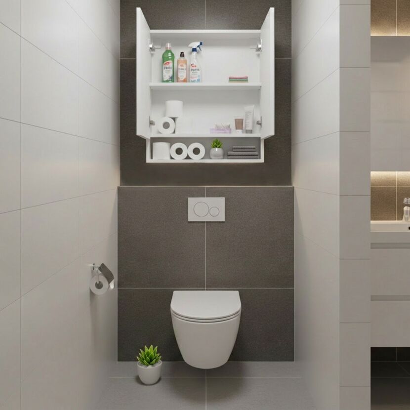 Weißer Spiegelschrank mit geöffneten Türen im Badezimmer.