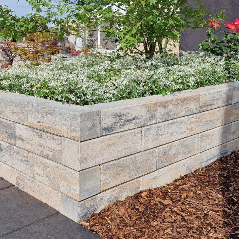 Palisade T-Gravity Square muschelkalkfarben als Hochbeet mit Pflanzen.