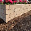 Nahaufnahme sandsteinfarbener 'T-Wall Aged Small' Mauersteine mit Blumen.