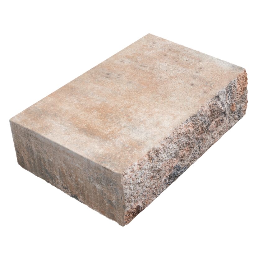 Blockstufe muschelkalkfarben mit rauer Oberfläche auf weißem Hintergrund