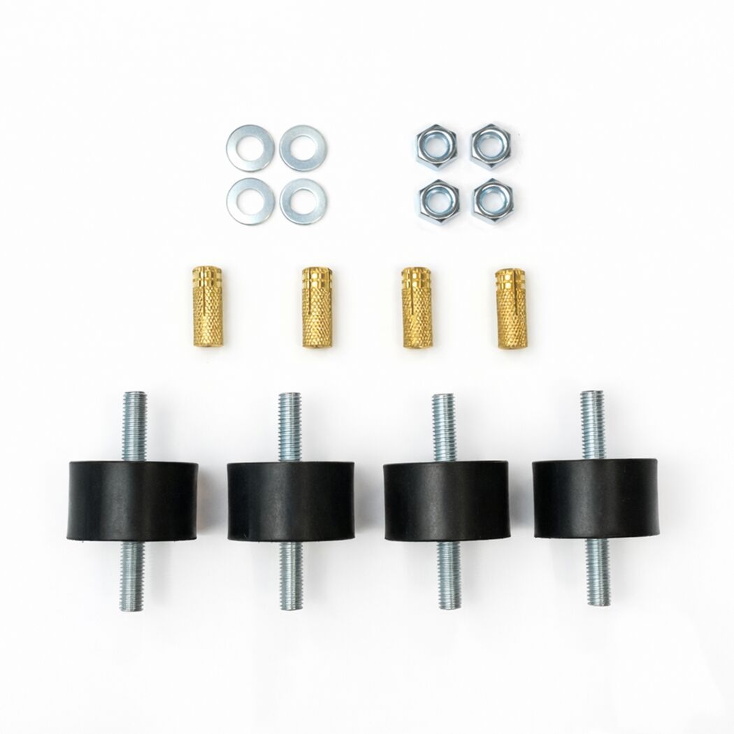 Set aus Schwingungsdämpfern, Muttern, Unterlegscheiben und Gewindeeinsätzen.