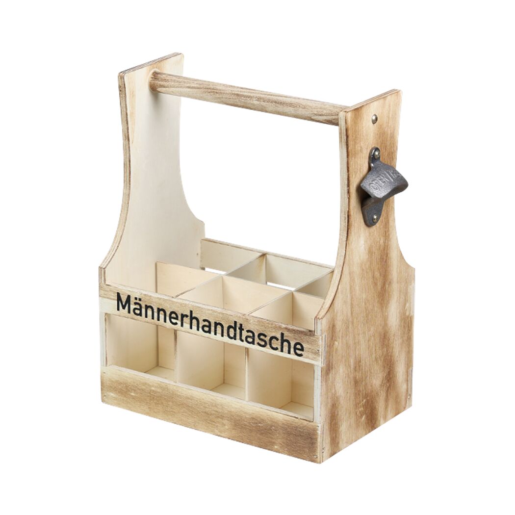 Geflammter Holz-Flaschenträger mit "Männerhandtasche"-Schriftzug und Flaschenöffner.