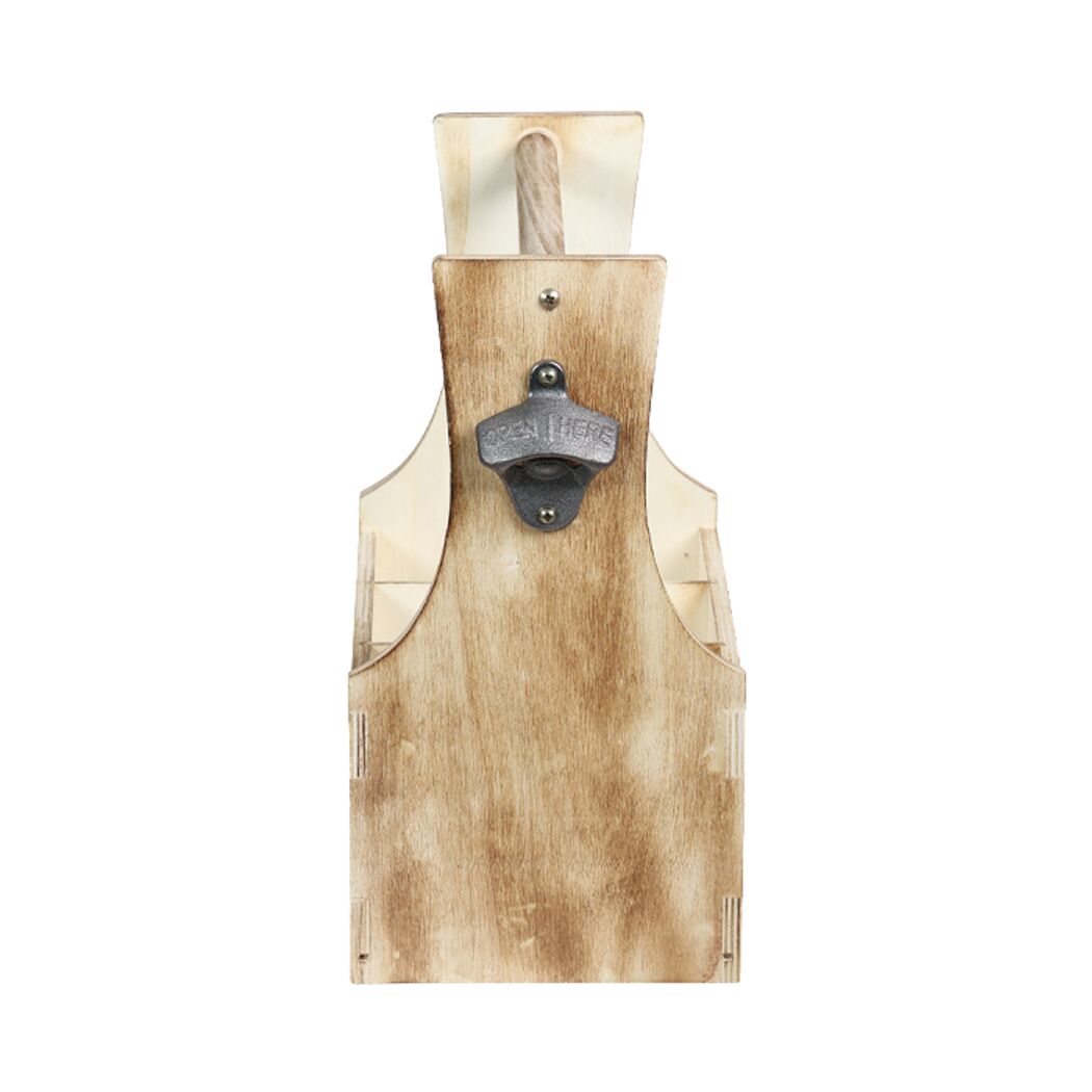 Geflammter Flaschenträger aus Holz mit Flaschenöffner.
