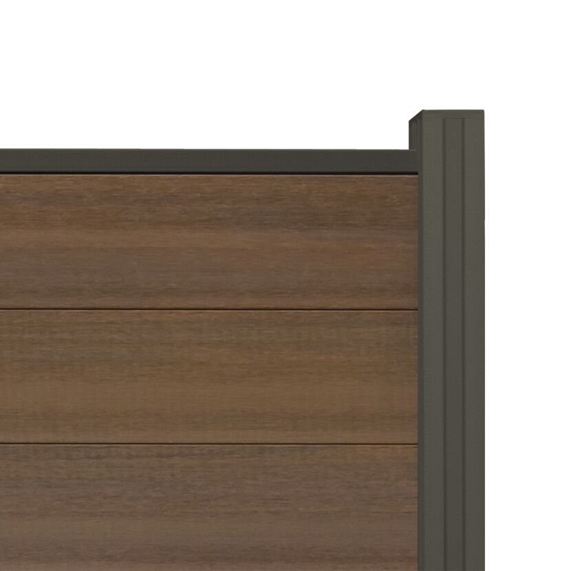 Graue Kunststoff-Pfostenkappe neben Holzpanel