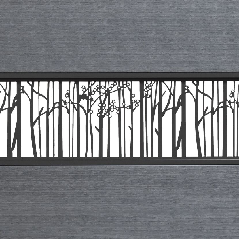 Graues Zaunelement 'Cora Line' mit Baummuster