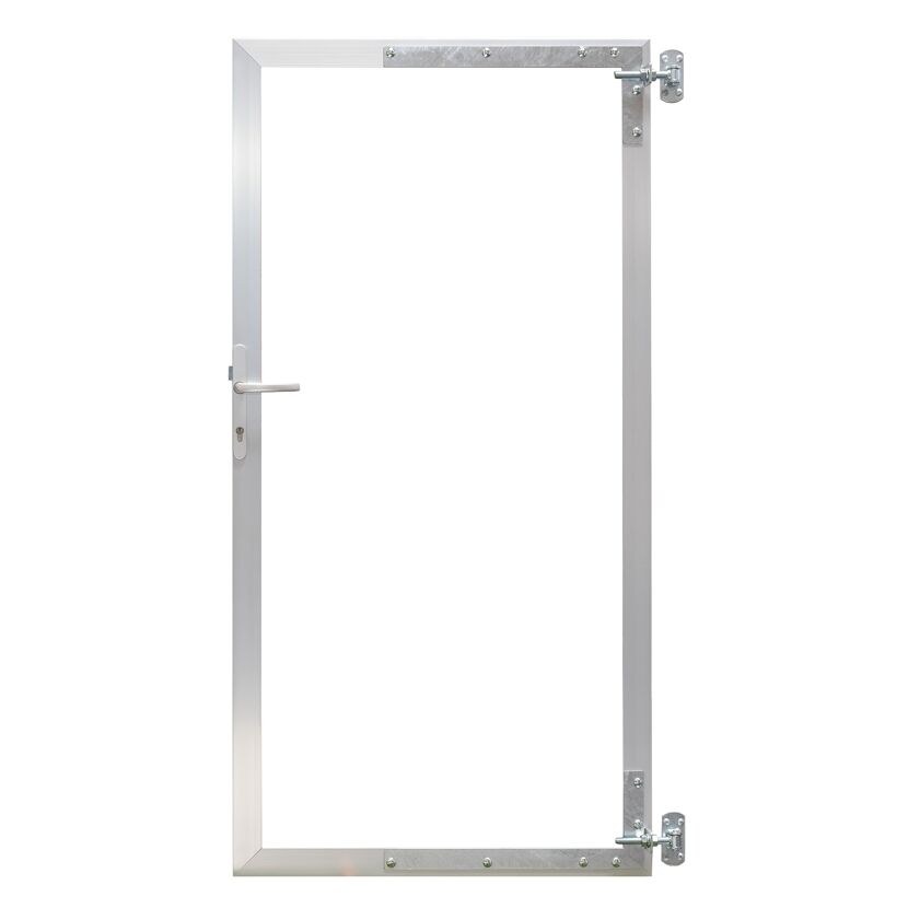 Silbernes Aluminium Türrahmenset mit Griff und Scharnieren.