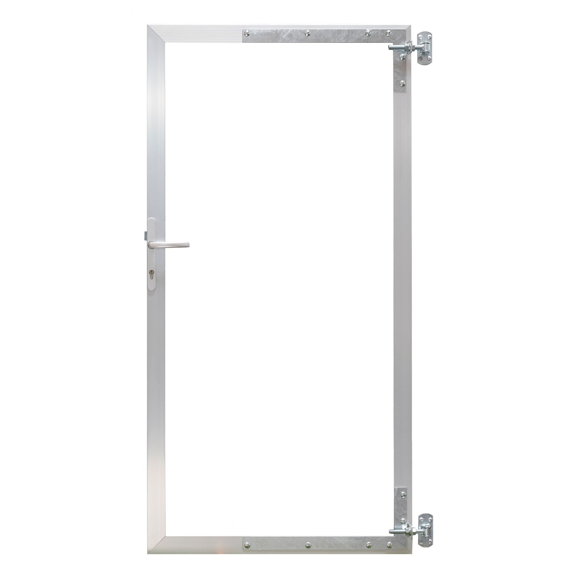 Silbernes Aluminium Türrahmenset mit Griff und Scharnieren.