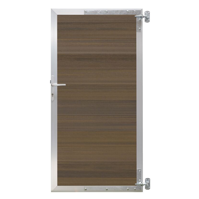 Silbernes Aluminium Türrahmenset mit brauner Holzoptik-Füllung