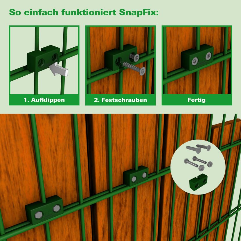 Anleitung: Snapfix Befestigungsclip am Zaun montieren.