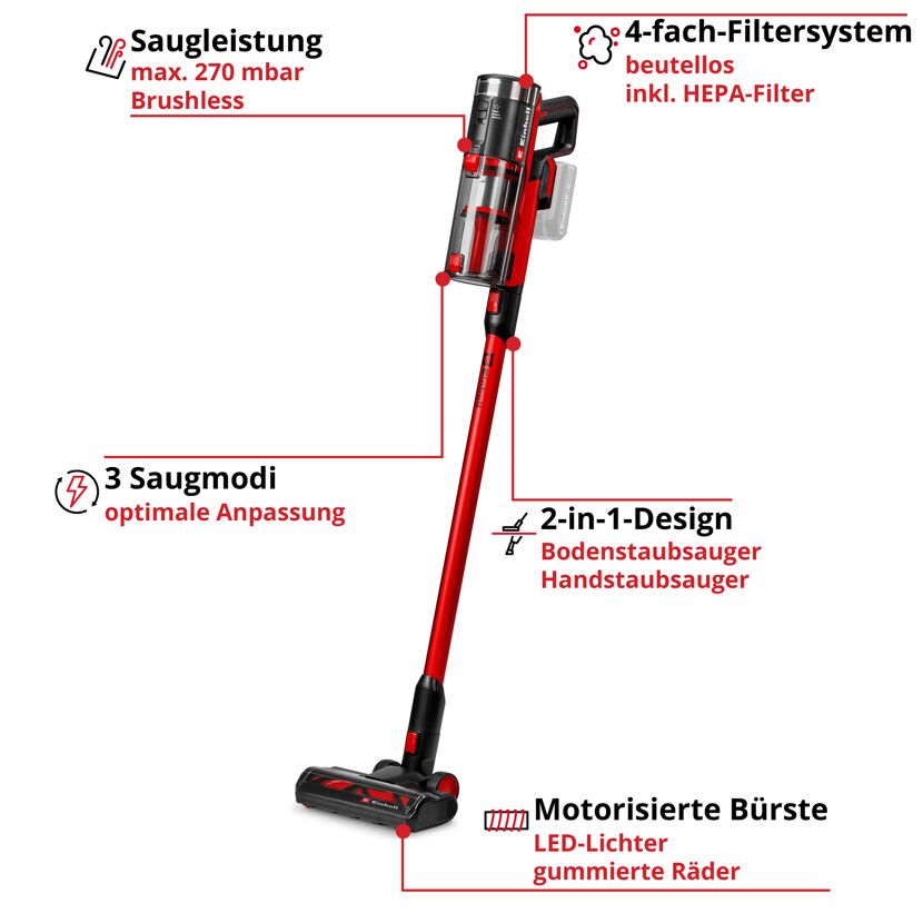 Akku-Stielstaubsauger 'TE-SV 18/270 Li BL' ohne Akku und Ladegerät 18 V rot/schwarz