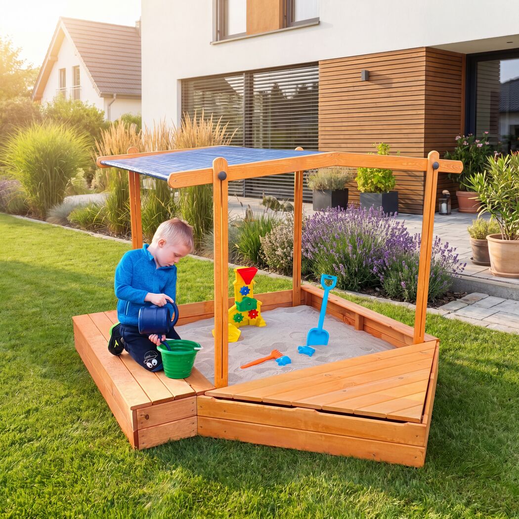 Sandkasten 'Multi' mit Sitzbox und Sonnendach Holz honigbraun 172 x 131 x 260 cm
