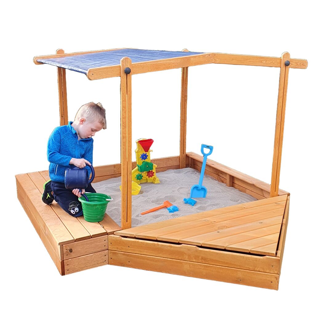 Sandkasten 'Multi' mit Sitzbox und Sonnendach Holz honigbraun 172 x 131 x 260 cm