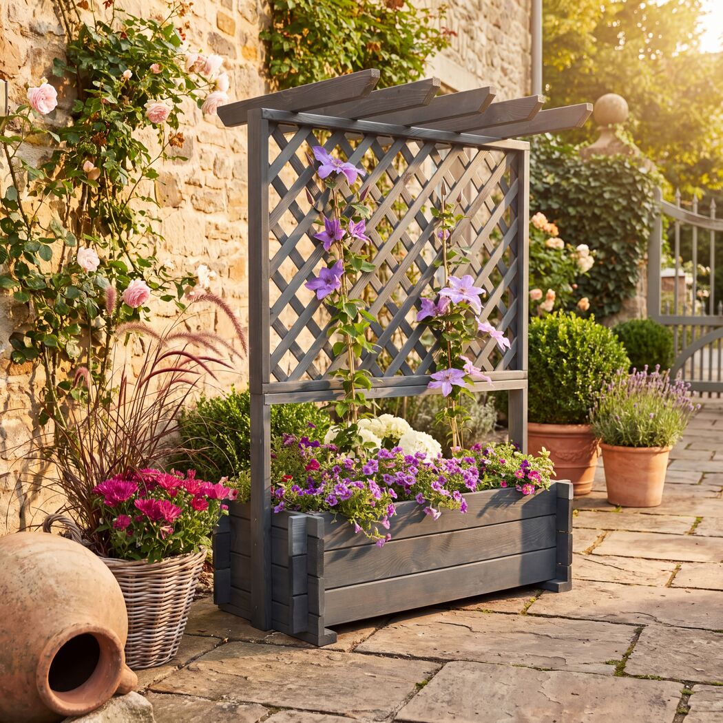 Rankkasten mit Pergola Holz grau 102 x 140 x 64,5 cm