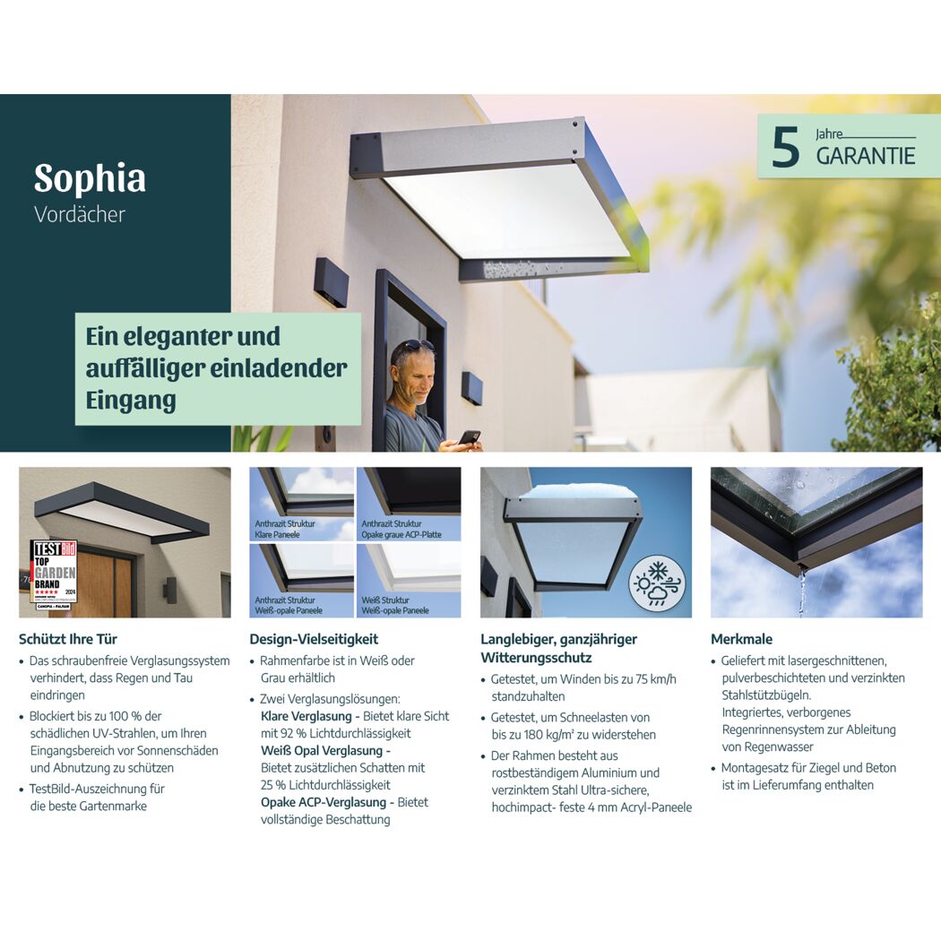 Vordach 'Sophia 2150' grau 215 x 96 cm
