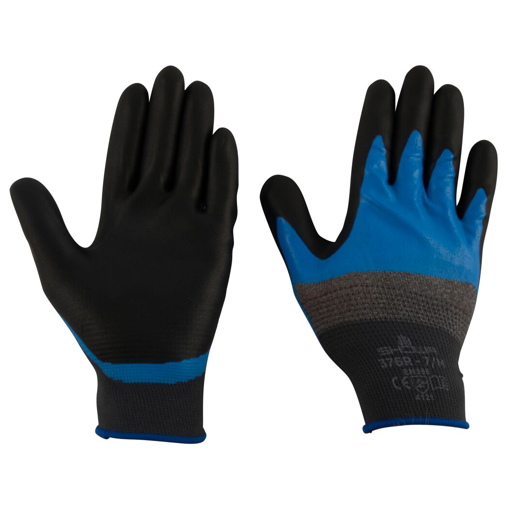 Zwei schwarze und blaue Arbeitshandschuhe