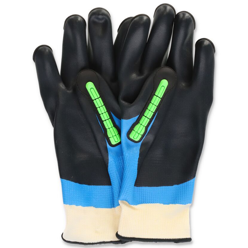 Schwarze Arbeitshandschuhe mit blauen und grünen Details