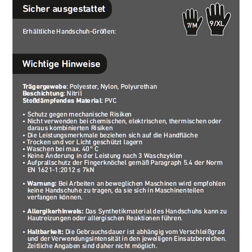 Schwarze Arbeitshandschuhe, Größen 7/M und 9/XL