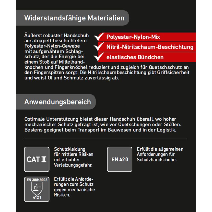 Schwarzer Arbeitshandschuh mit aufgenähtem Schlagschutz.