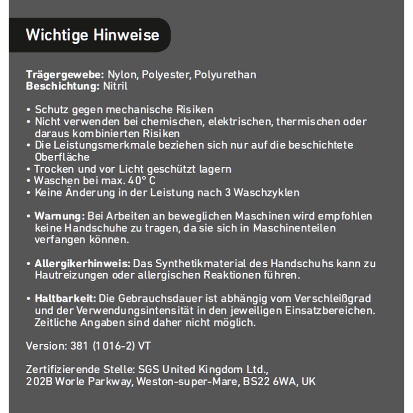 Wichtige Hinweise zum Montagehandschuh Plus, Gr. L