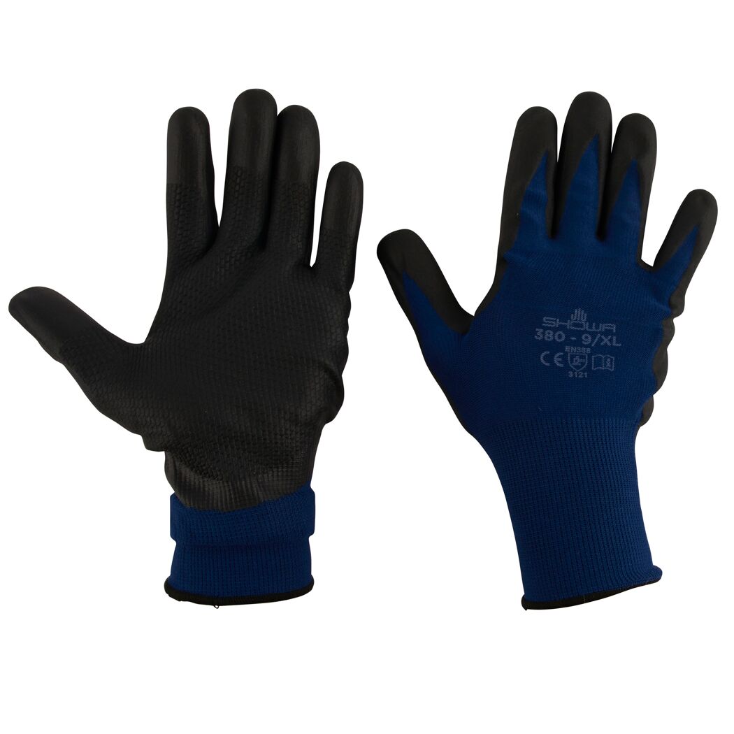 Schwarze und blaue Arbeitshandschuhe von SHOWA Größe XL