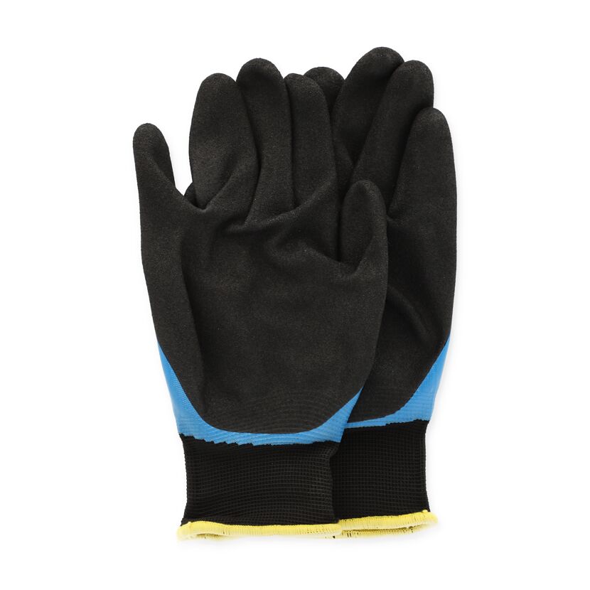 Schwarze Arbeitshandschuhe mit blauen und gelben Details