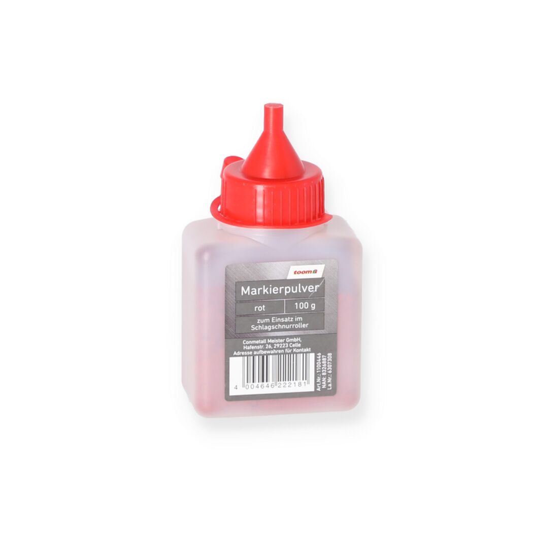 Flasche mit rotem Markierpulver und rotem Deckel.