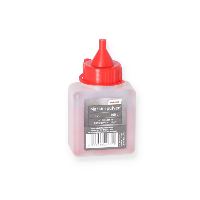 Flasche mit rotem Markierpulver und rotem Deckel.