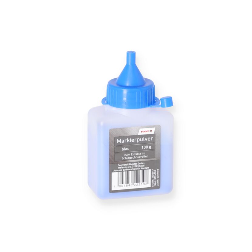 Blaues Markierpulver in der Flasche mit Dosierhilfe.
