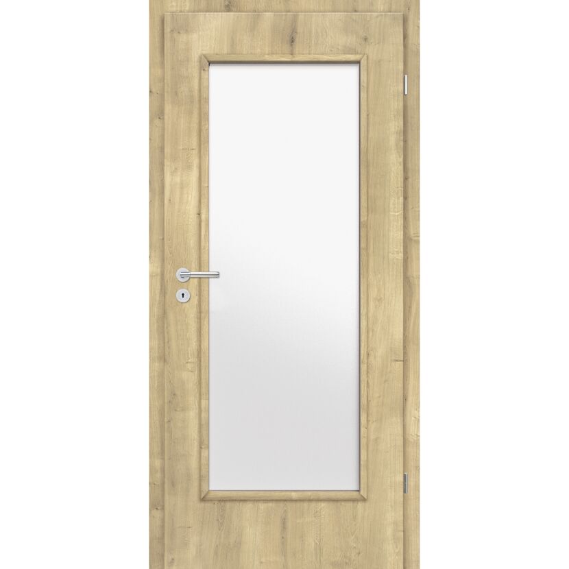 Helle Holztür mit Glaseinsatz.