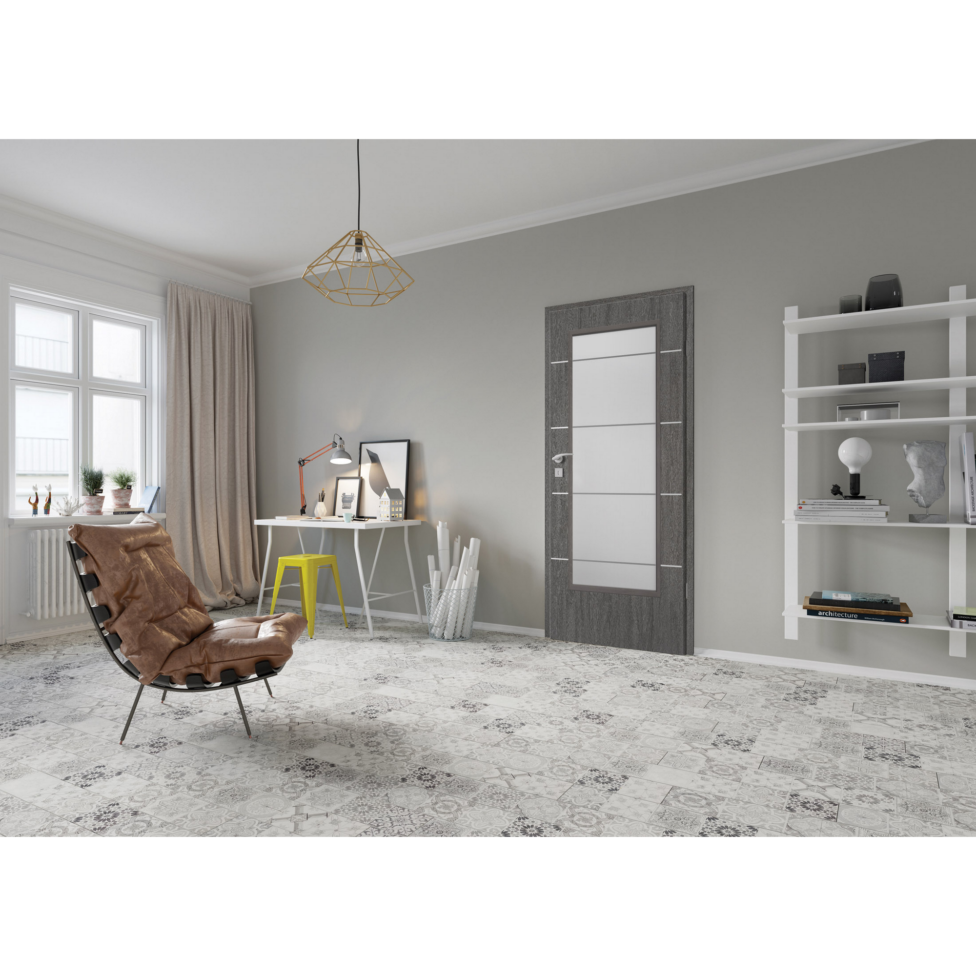 Innentür 'Natura' mit Lichtausschnitt und Querstreifen Grigio Eiche 198,5 x 98,5 cm, Rechtsanschlag