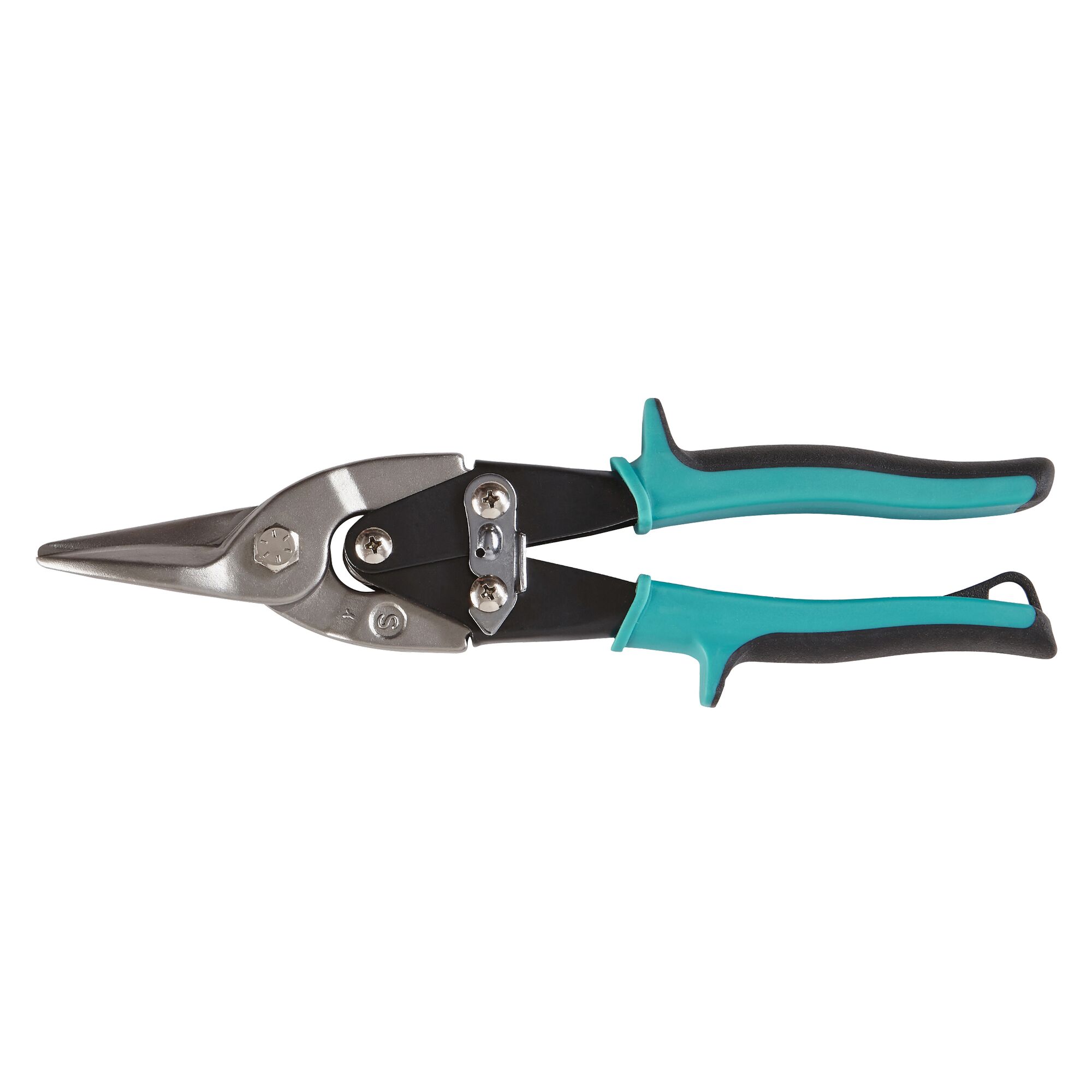 Hebelblechschere mit türkis-schwarzen Griffen