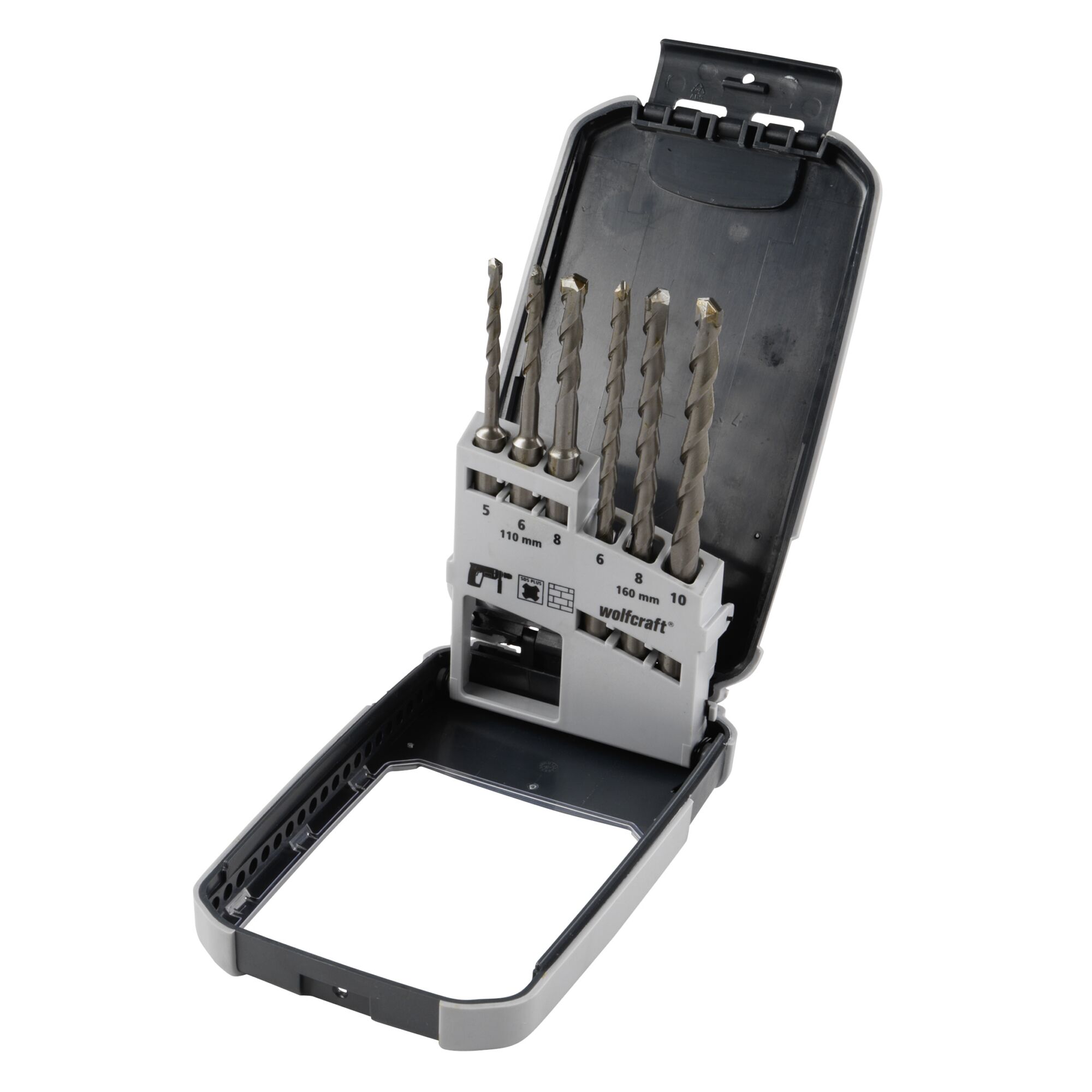 Sechs Hammerbohrer SDS-plus in einer Kunststoffbox