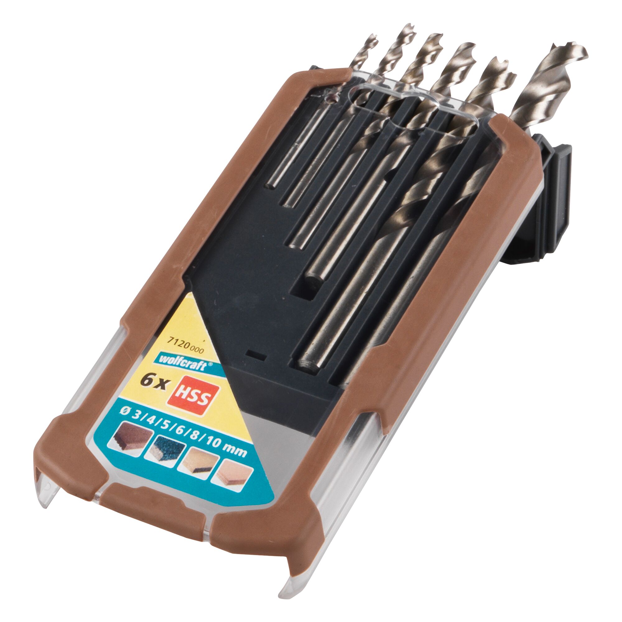 Sechs HSS-Holzspiralbohrer in Kunststoffverpackung