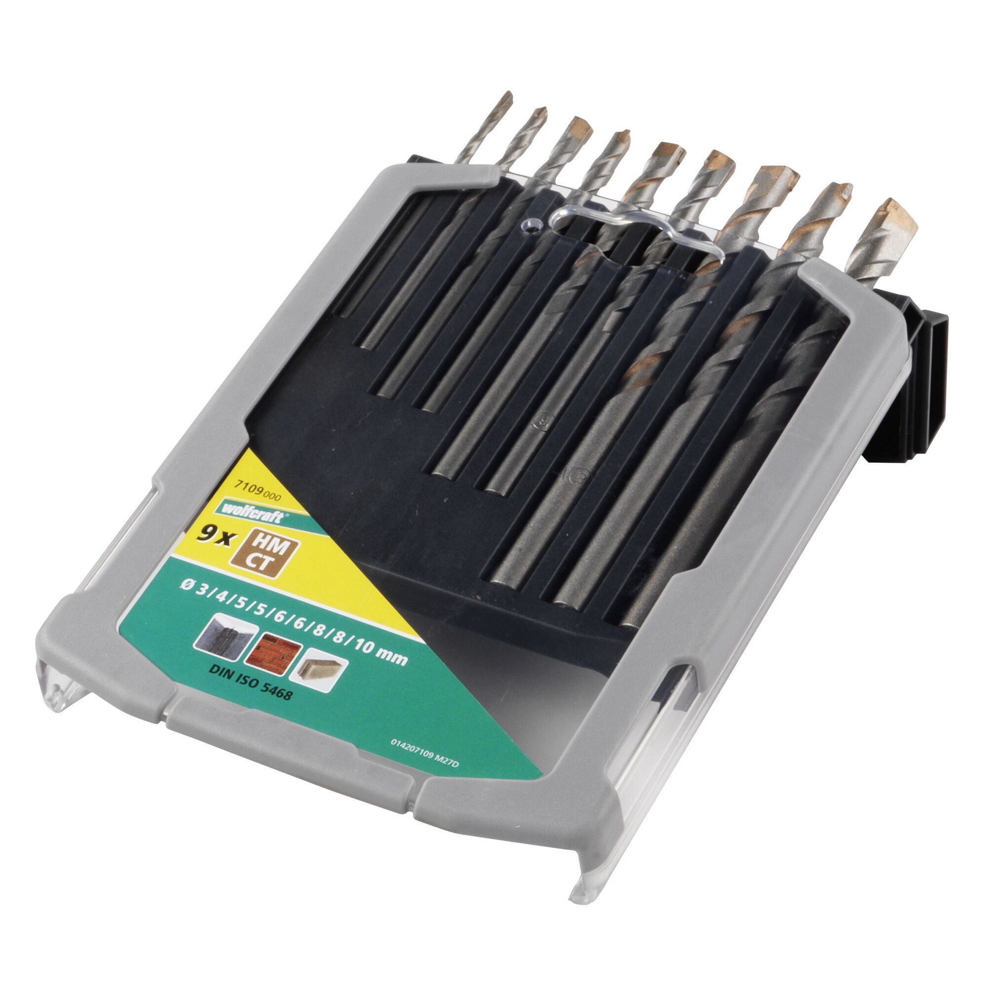 Neun Hartmetall-Betonbohrer in einer Kunststoffverpackung.