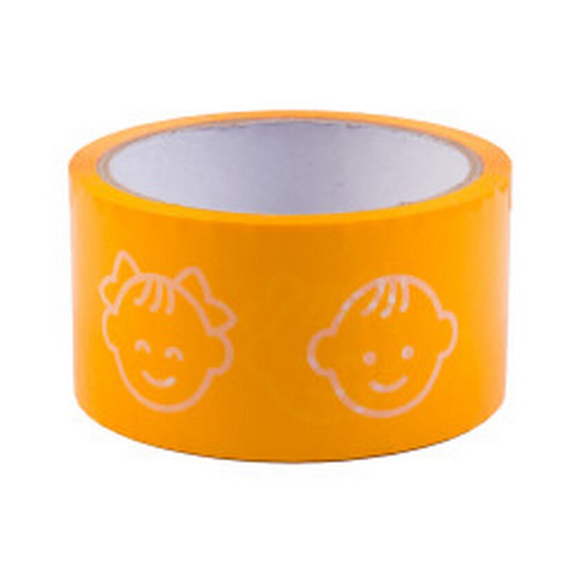 Orangefarbenes Klebeband mit Kindergesichtern bedruckt
